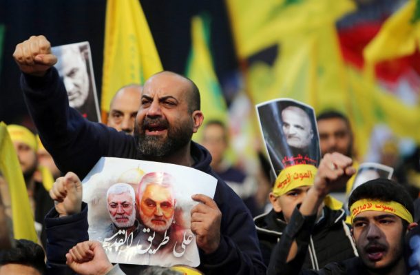 Lebanon's Hezbollah supporters chant slogans during a funeral ceremony rally to mourn Qassem Soleimani, head of the elite Quds Force, who was killed in an air strike at Baghdad airport, in Beirut's suburbs